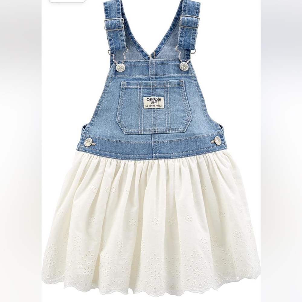 Worn 1x OshKosh jean jumper with white eyelet trim size 3T